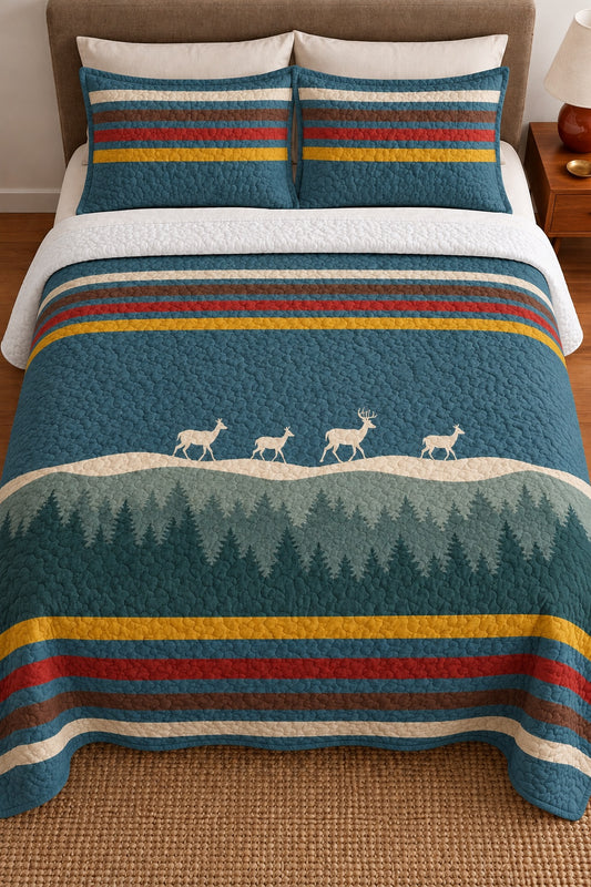 Teal Forest Whitetail Deer Quilt Set