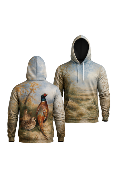 Performance Fleece-Lined Hoodie - Cock and Hen Pheasant at the Edge of a Wood