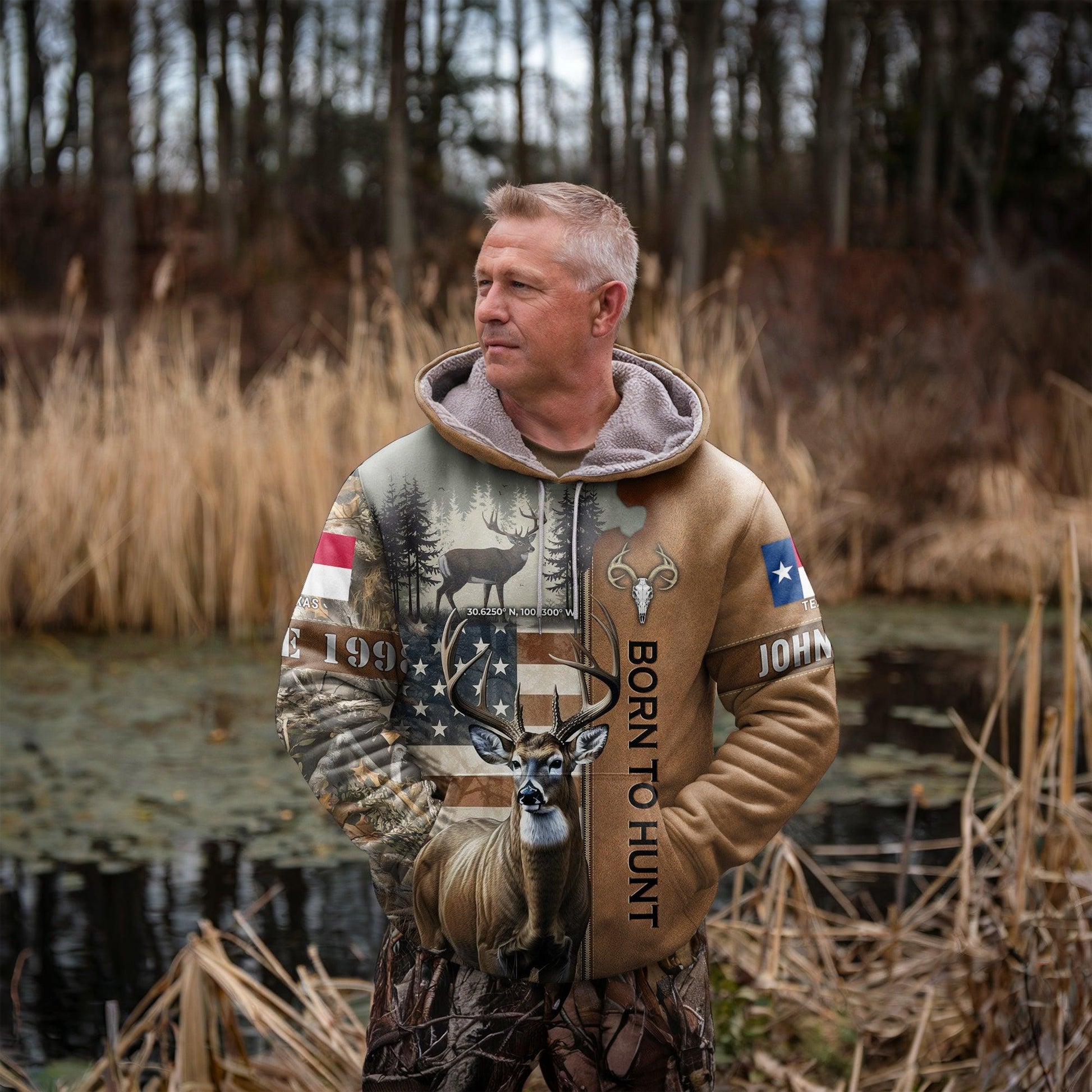 Born to Hunt: Personalized Deer Hunting Hoodie with Coordinates and State Flag - The Deerly