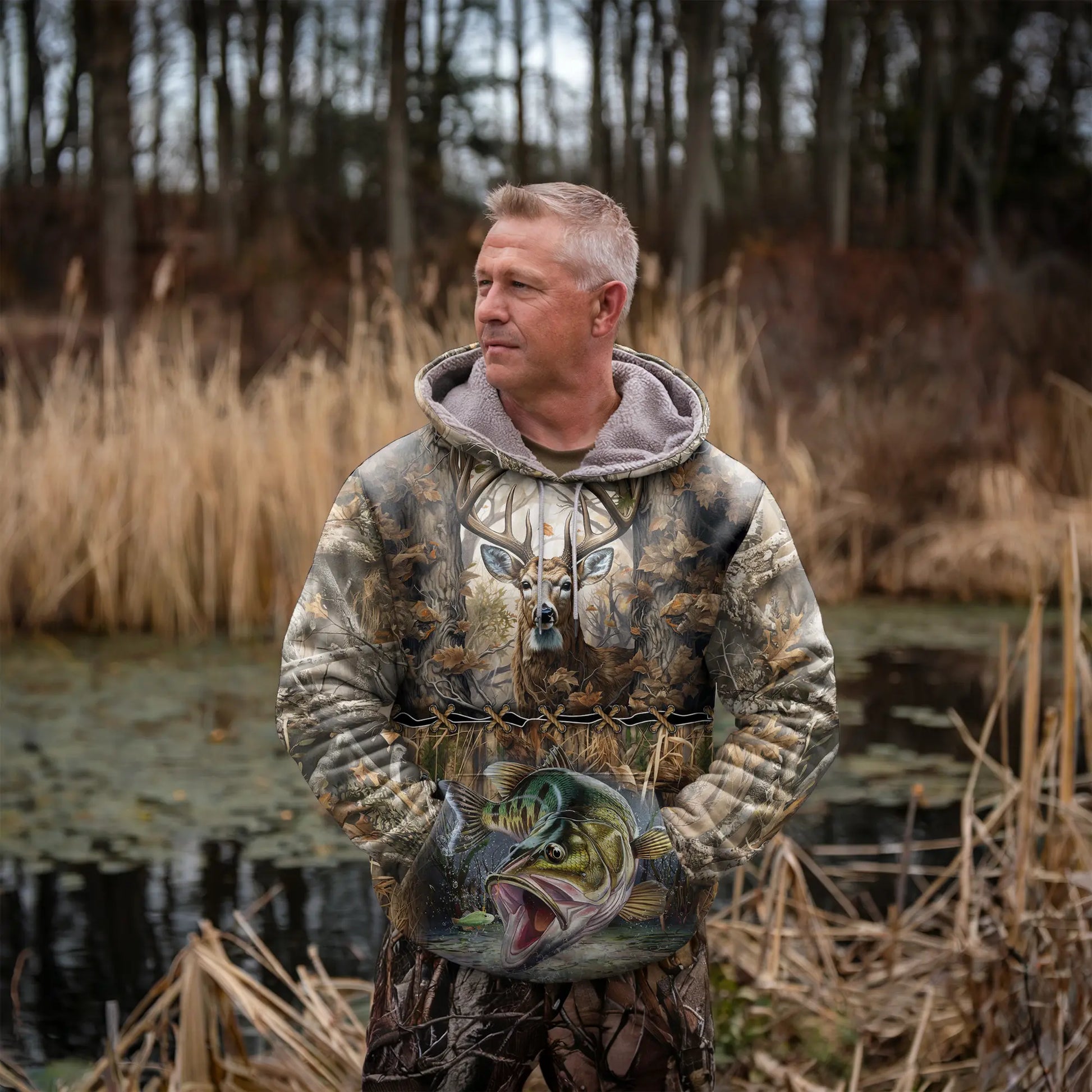 Wilderness Majesty: Deer & Bass Hunting Hoodie - The Deerly