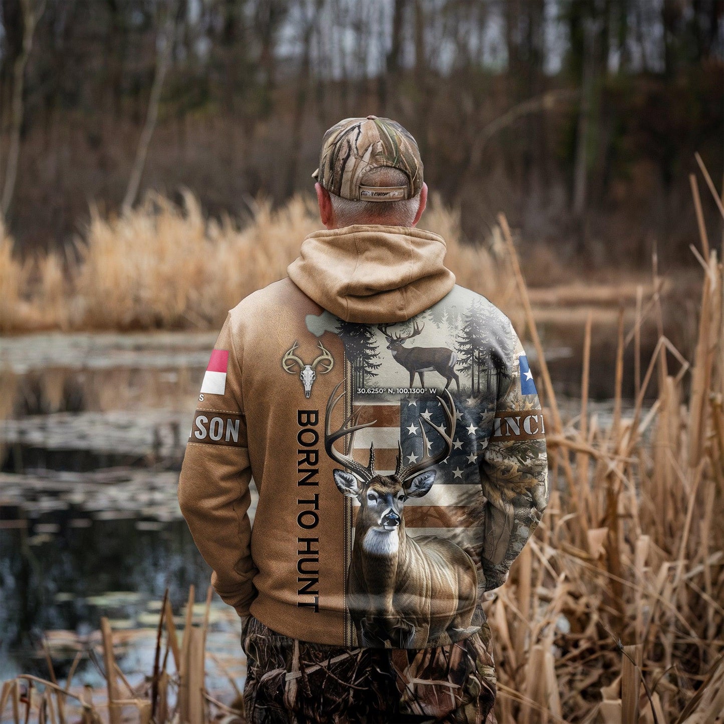 Born to Hunt: Personalized Deer Hunting Hoodie with Coordinates and State Flag - The Deerly