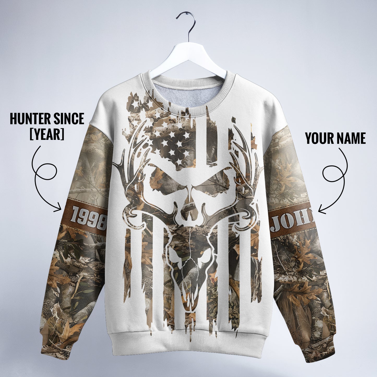 Deer Skull Camo Sweater - Personalized Born to Hunt US Flag Gear