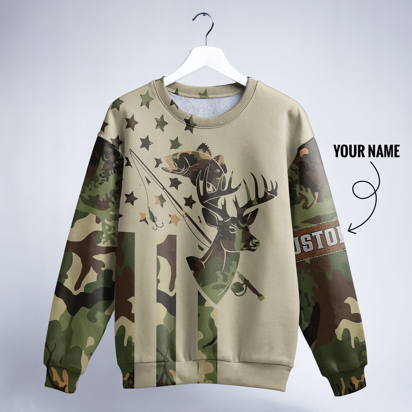 Camo Hunting & Fishing Sweatshirt – Customizable Deer & Bass Design