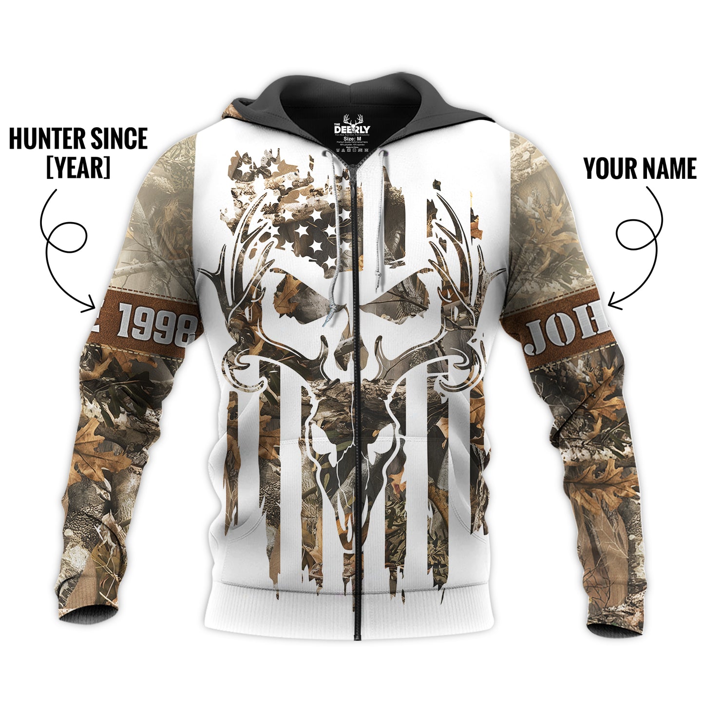 Personalized Deer Skull Camo Zip Hoodie - Born to Hunt US Flag Apparel