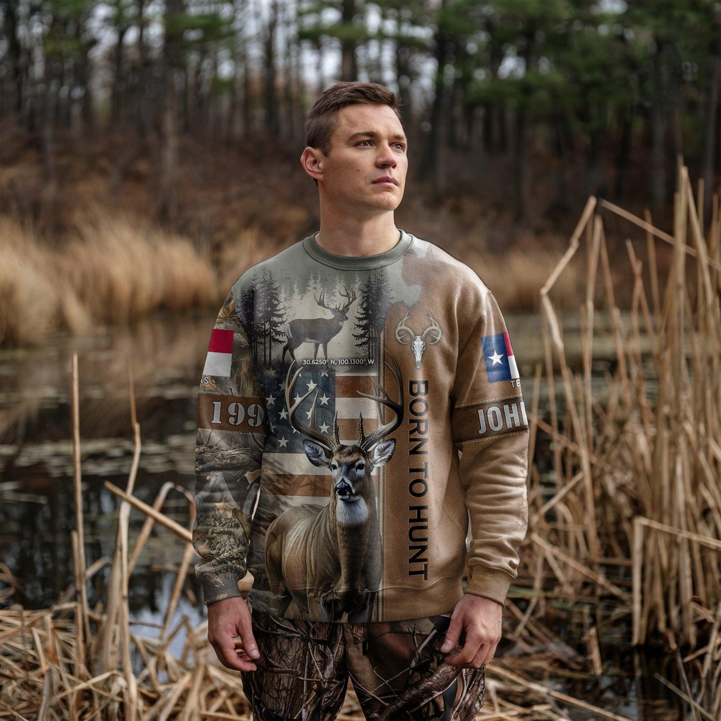 Born to Hunt: Personalized Deer Hunting Sweatshirt with Coordinates and State Flag - The Deerly