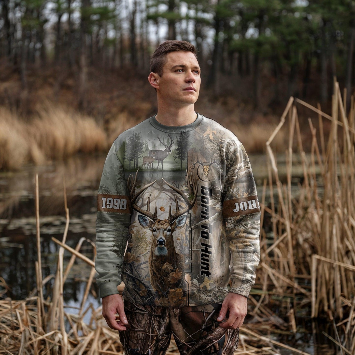 Born to Hunt: Woodland Deer Sweatshirt Personalized - The Deerly