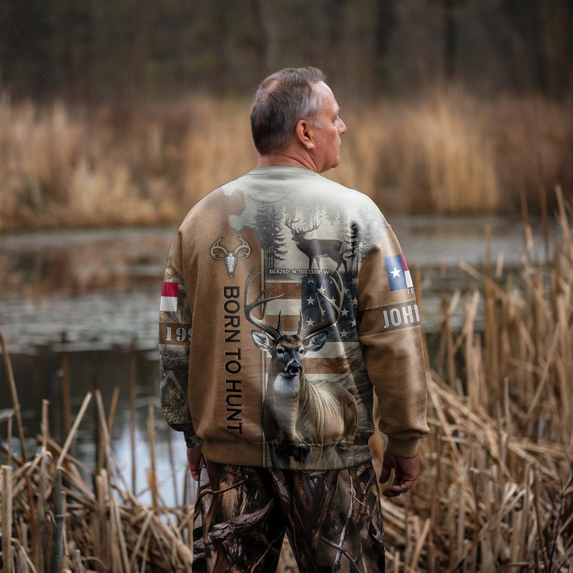 Born to Hunt: Personalized Deer Hunting Sweatshirt with Coordinates and State Flag - The Deerly