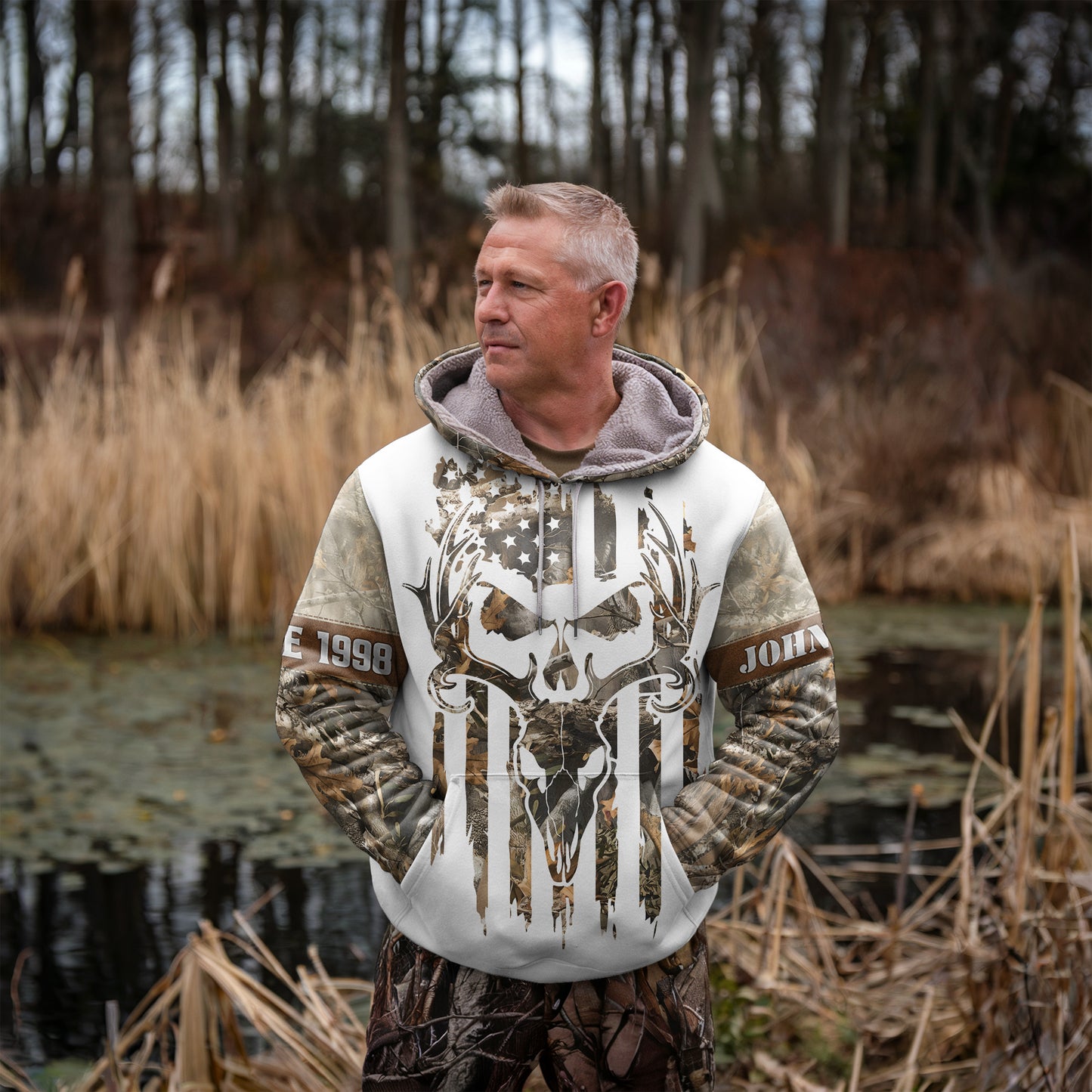 Born to Hunt Deer Skull Camo Hoodie - US Flag Outdoor Gear