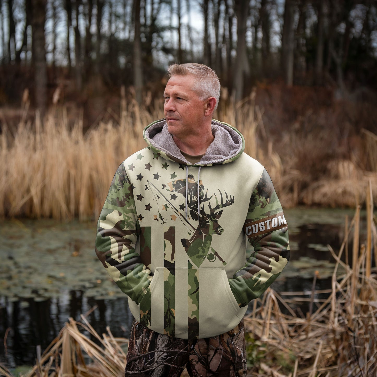 Personalized Camo Hunting Hoodie – Deer & Bass Edition