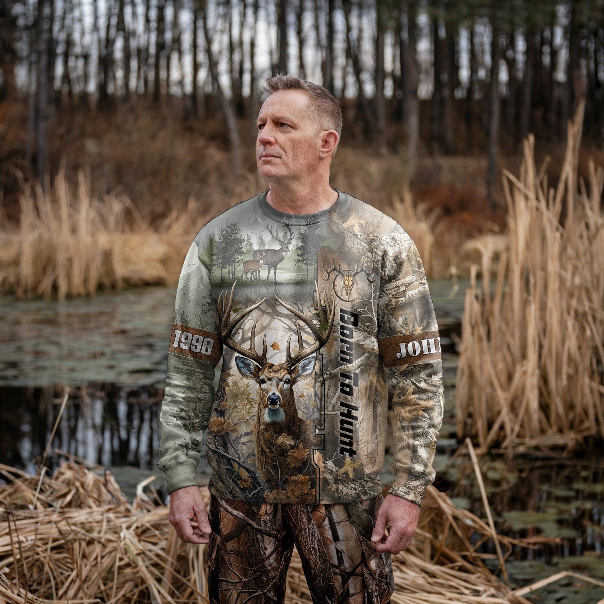 Born to Hunt: Woodland Deer Sweatshirt Personalized - The Deerly