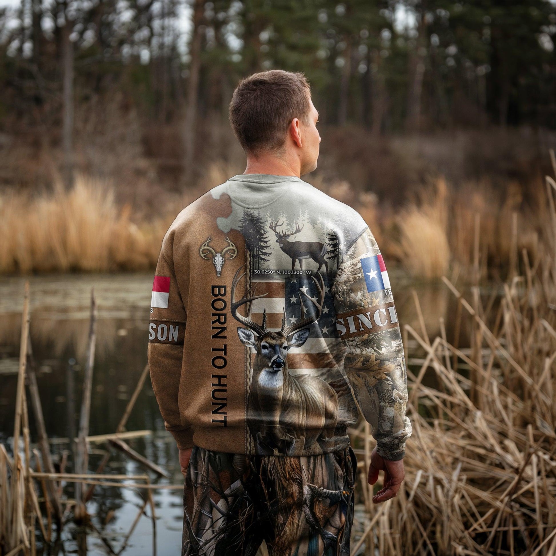 Born to Hunt: Personalized Deer Hunting Sweatshirt with Coordinates and State Flag - The Deerly