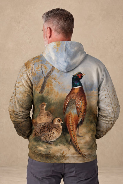 Performance Fleece-Lined Hoodie - Cock and Hen Pheasant at the Edge of a Wood