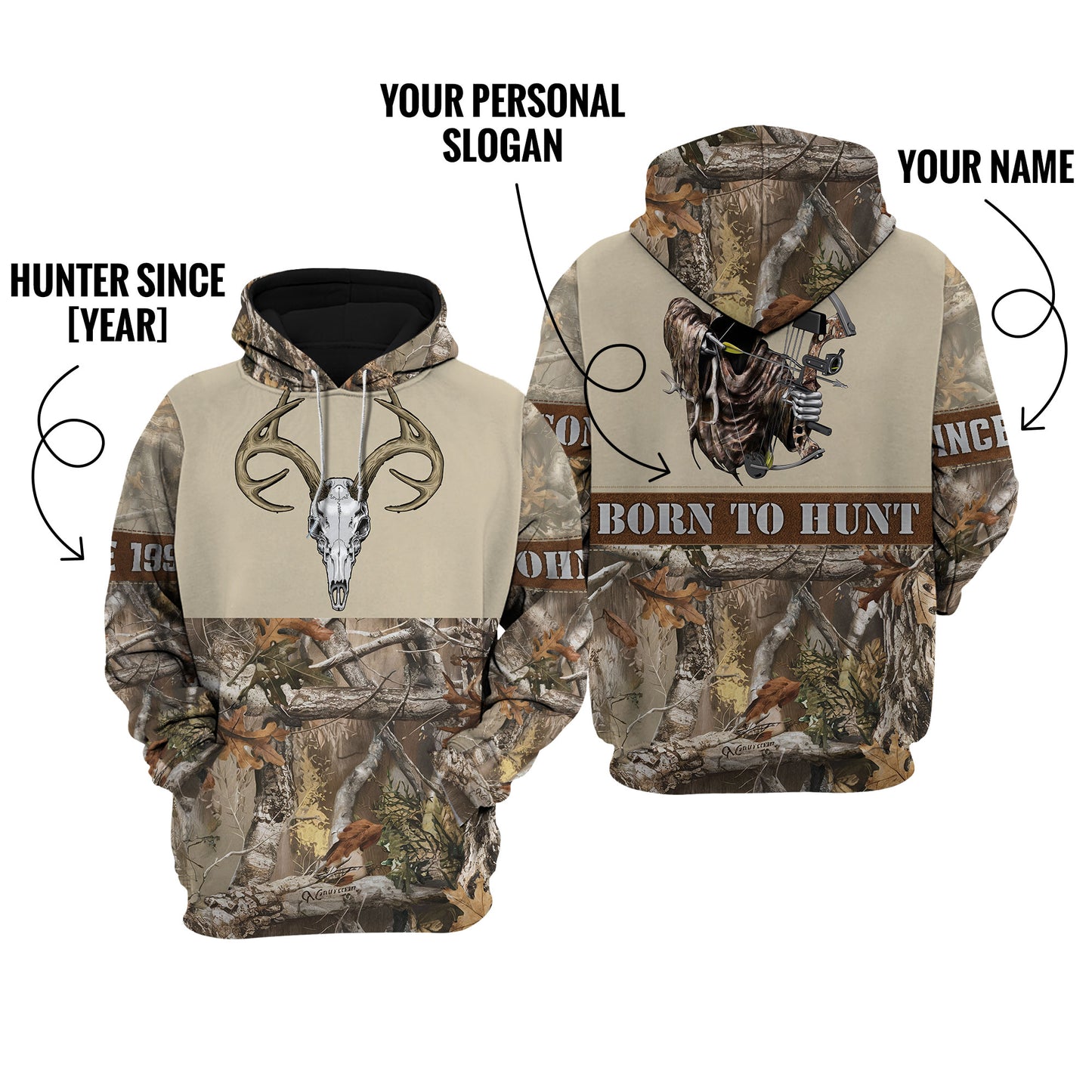 Born to Hunt Personalized Hoodie | Skull Deer & Grim Reaper for Bow Hunters