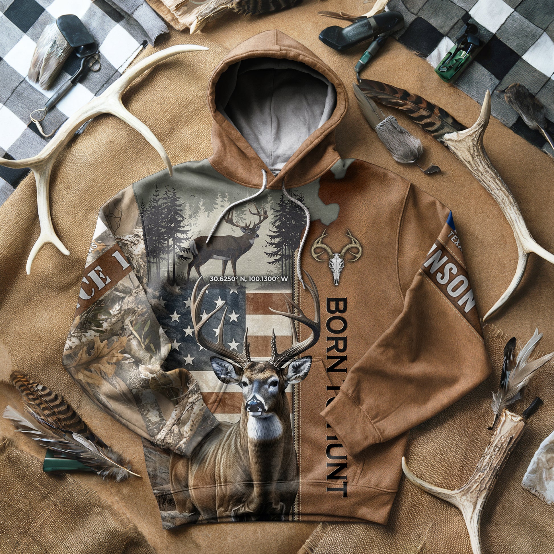 Born to Hunt: Personalized Deer Hunting Hoodie with Coordinates and State Flag - The Deerly