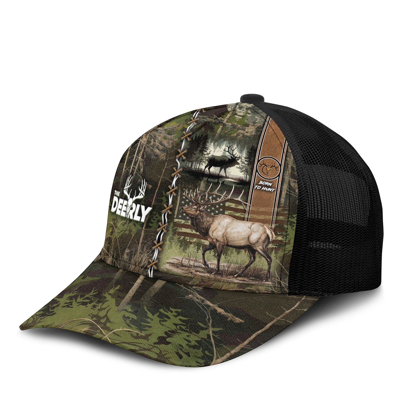 Born to Hunt – Elk Camo Trucker Cap by The Deerly