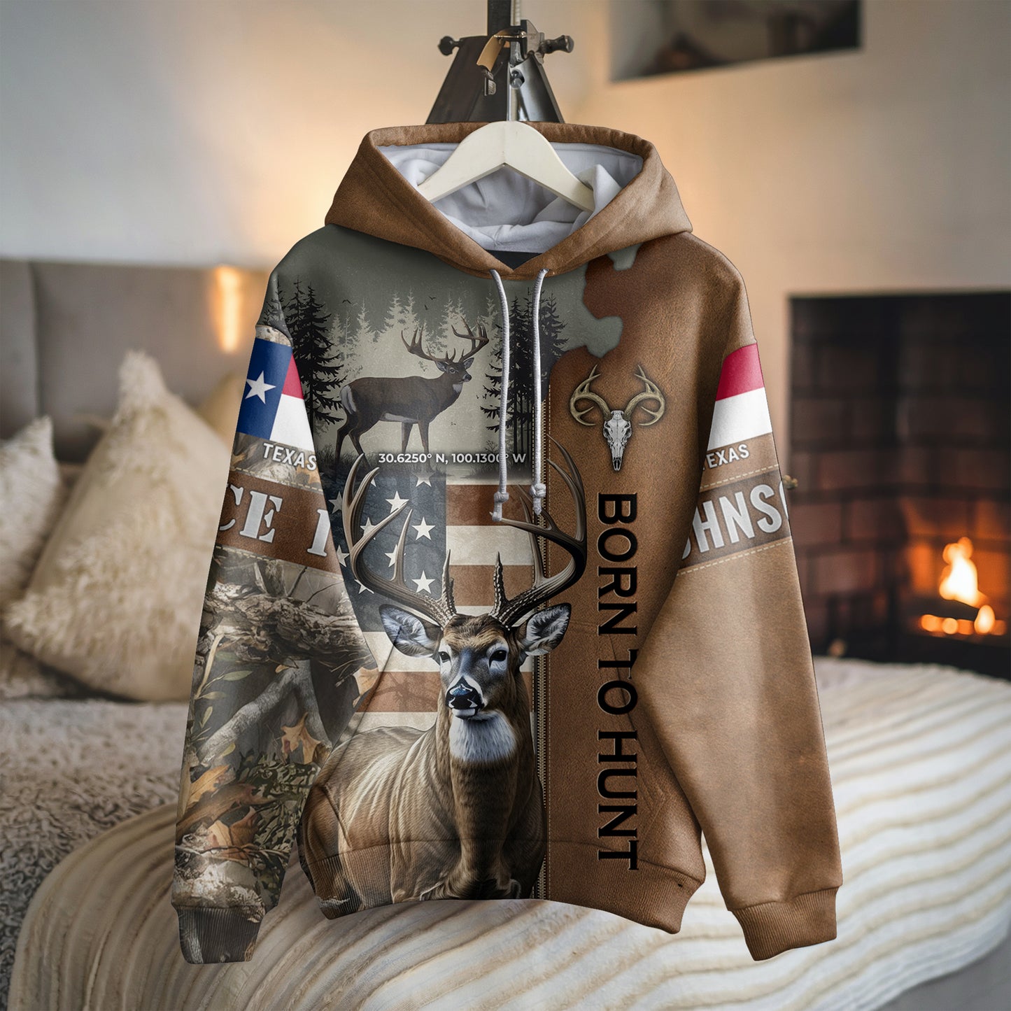 Born to Hunt: Personalized Deer Hunting Hoodie with Coordinates and State Flag - The Deerly