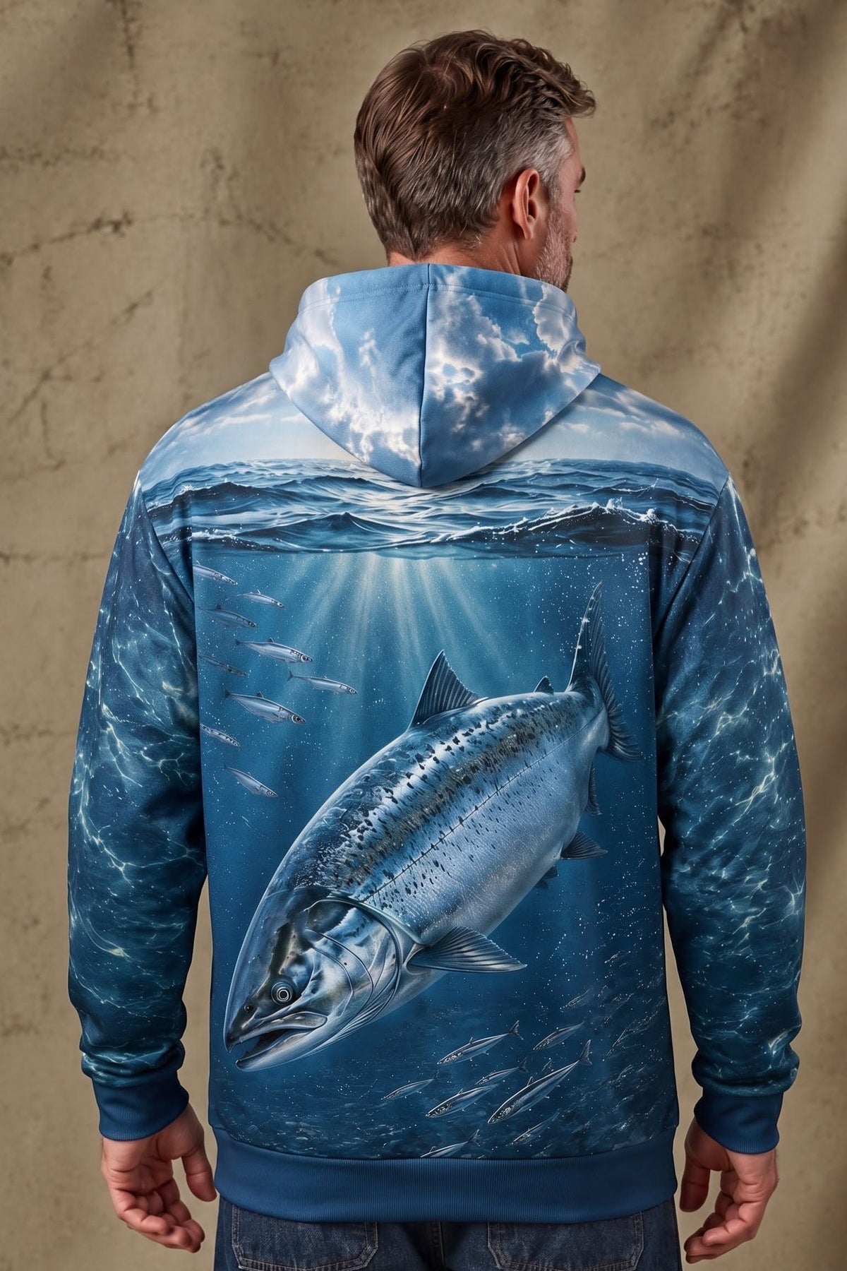 Performance Fishing Fleece-Lined Hoodie - River Salmon Depths - AUH02