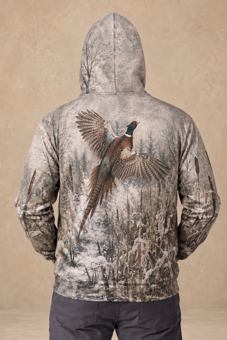 Performance Fleece-Lined Hoodie - Snowy Marsh Pheasant Flight