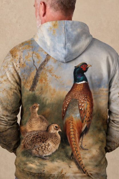 Performance Fleece-Lined Hoodie - Cock and Hen Pheasant at the Edge of a Wood