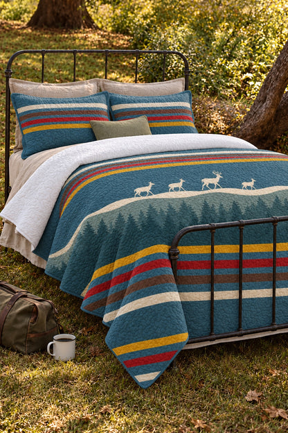 Teal Forest Whitetail Deer Quilt Set