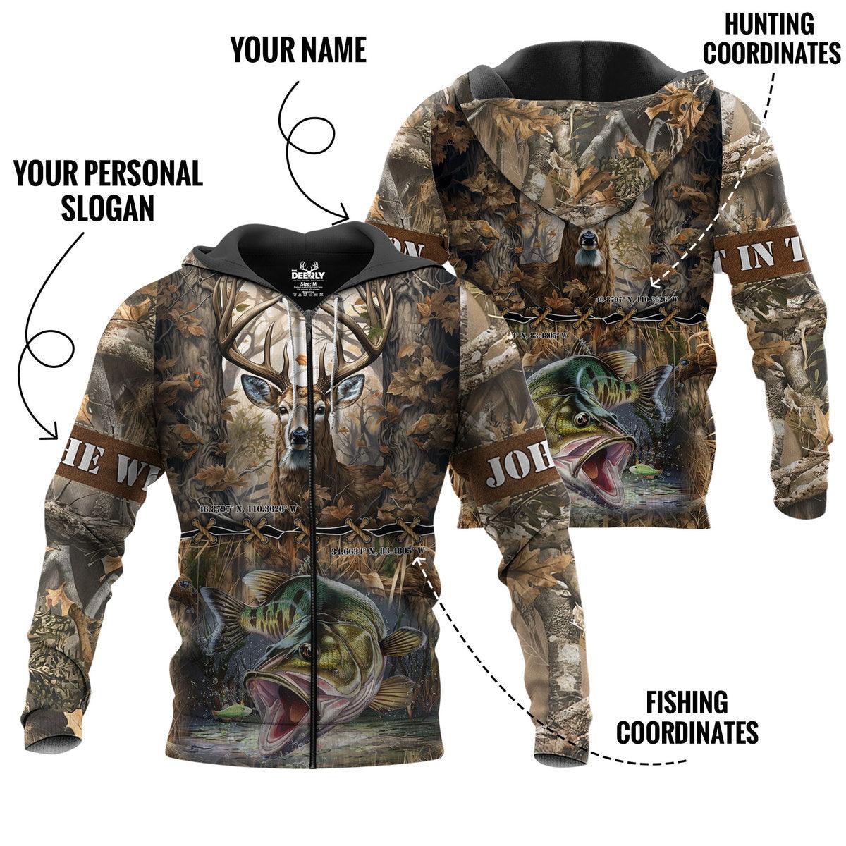 Dual Passion: Deer Hunting and Fishing Zip Hoodie Personalized - The Deerly