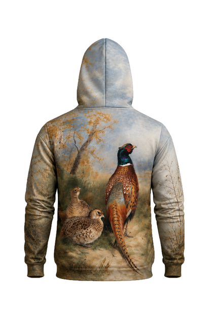 Performance Fleece-Lined Hoodie - Cock and Hen Pheasant at the Edge of a Wood