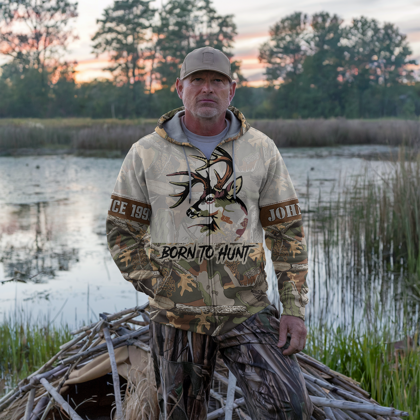 Buck Hunter Camo Personalized Zip Hoodie
