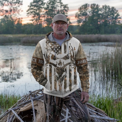 Personalized Deer Skull Camo Zip Hoodie - Born to Hunt US Flag Apparel