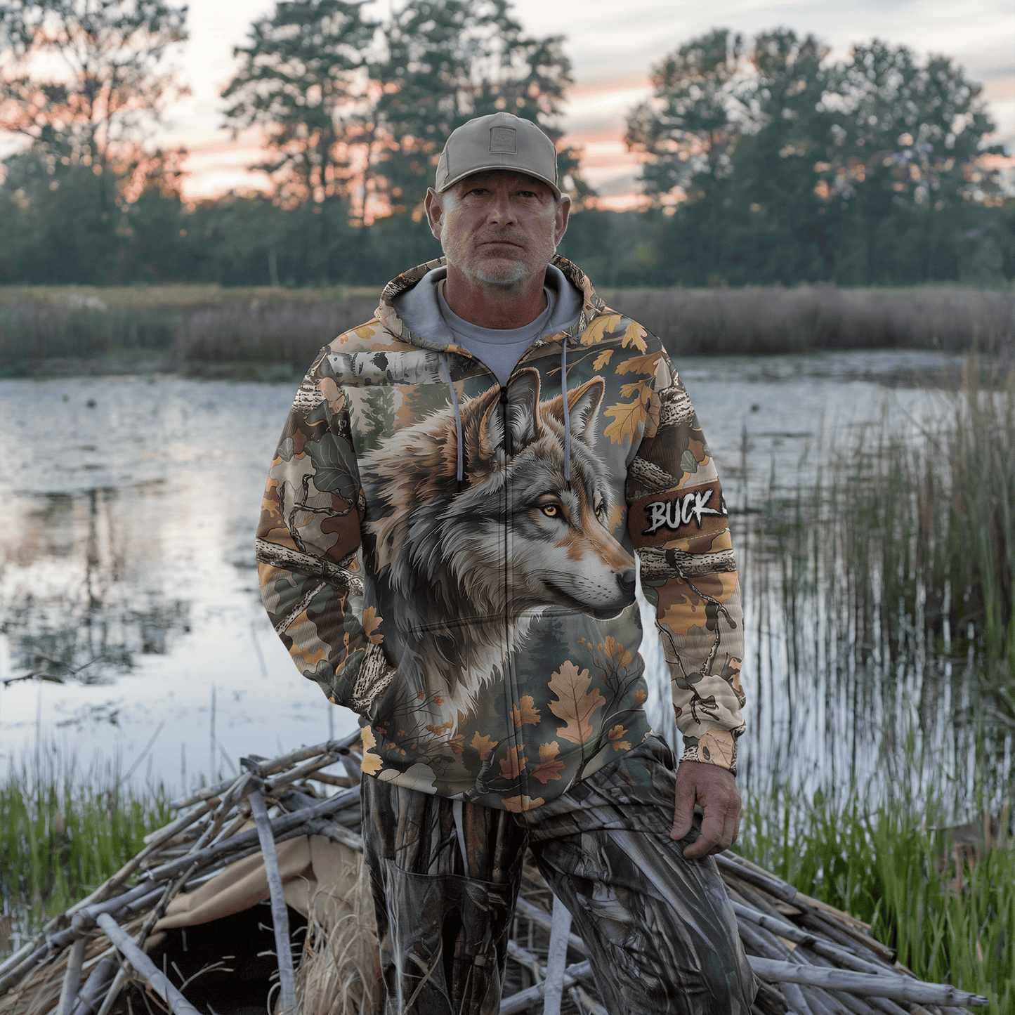 Timber Wolf Camo Personalized Zip Hoodie
