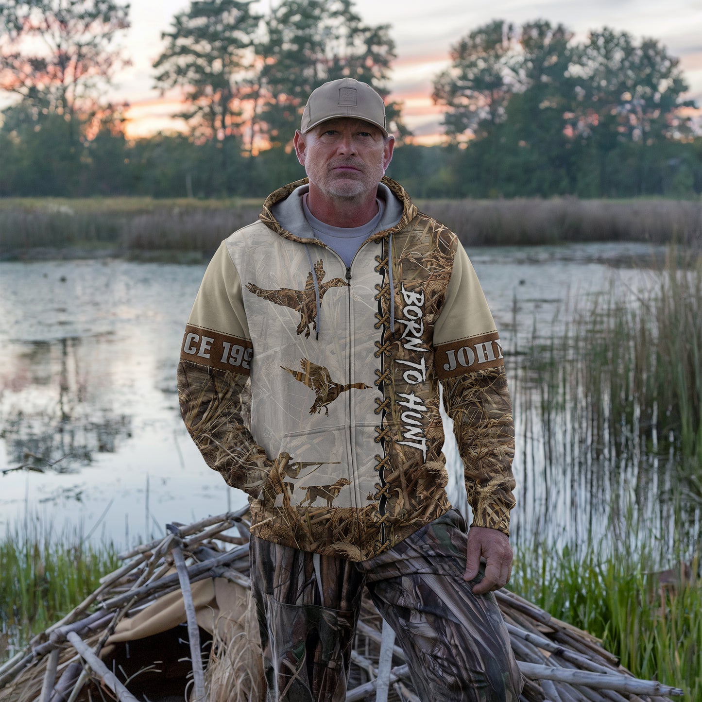 Personalized Waterfowl Hunting Camo Zip Hoodie - Born to Hunt