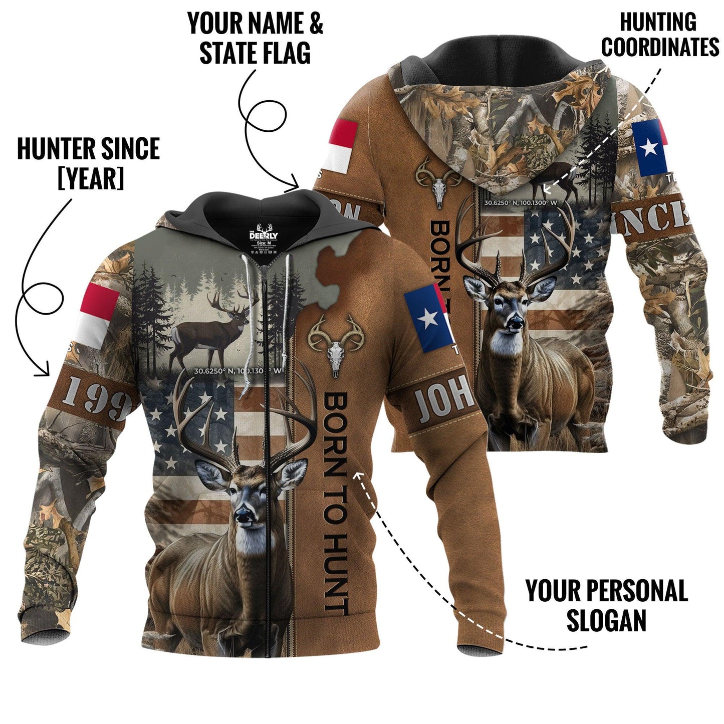 Born to Hunt: Personalized Deer Hunting Zip Hoodie with Coordinates and State Flag - The Deerly