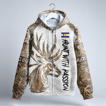 State Pride Buck Hunter Personalized Zip Hoodie