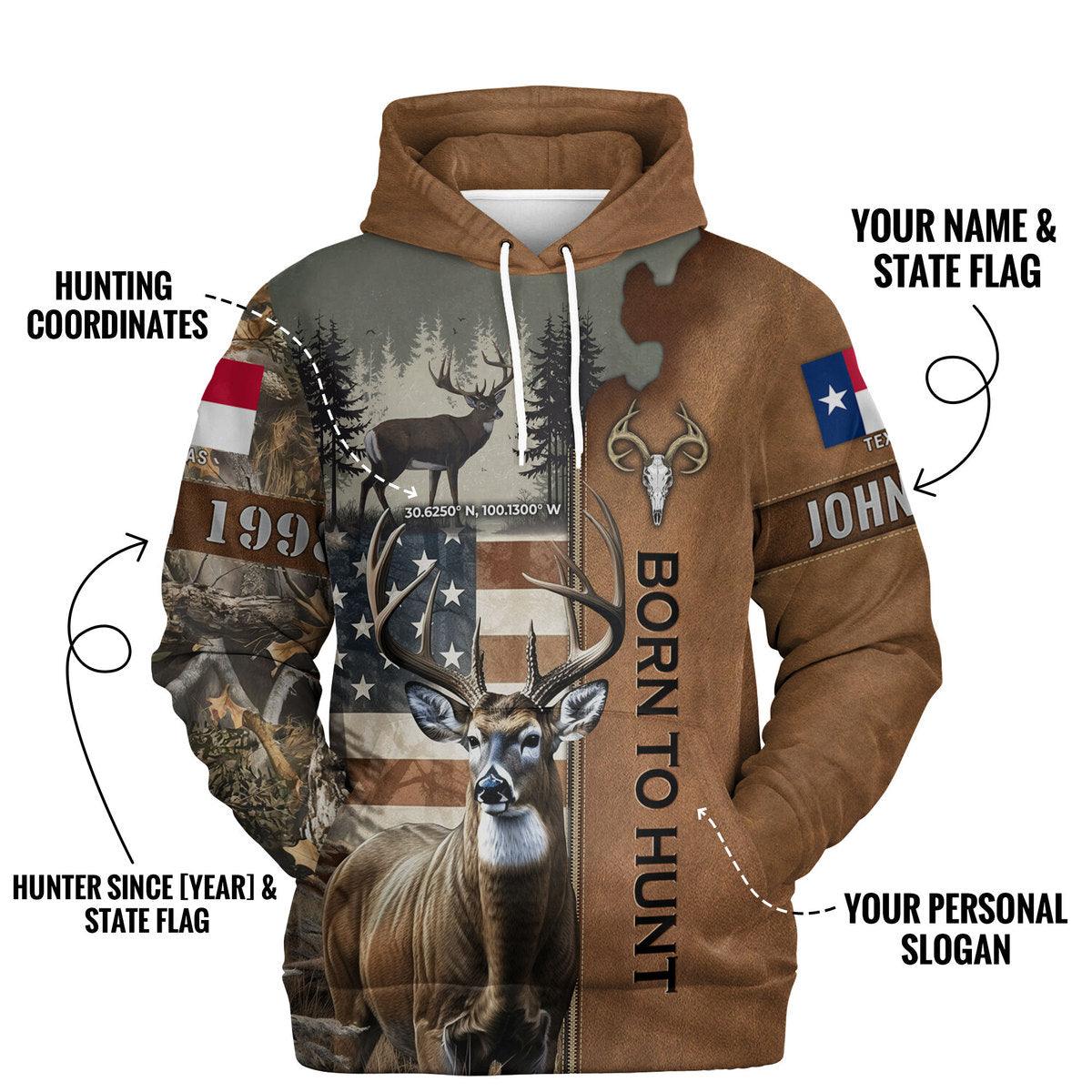 Born to Hunt: Personalized Deer Hunting Hoodie with Coordinates and State Flag - The Deerly