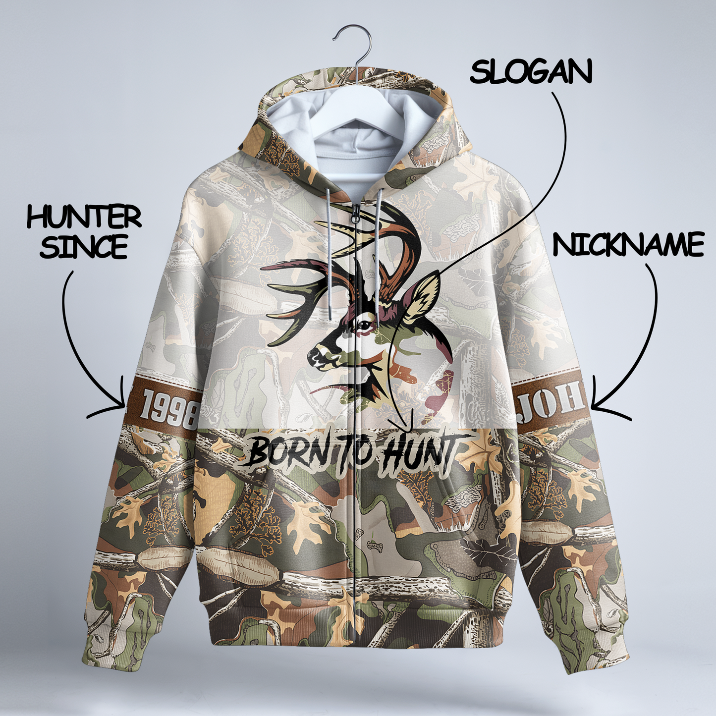 Buck Hunter Camo Personalized Zip Hoodie