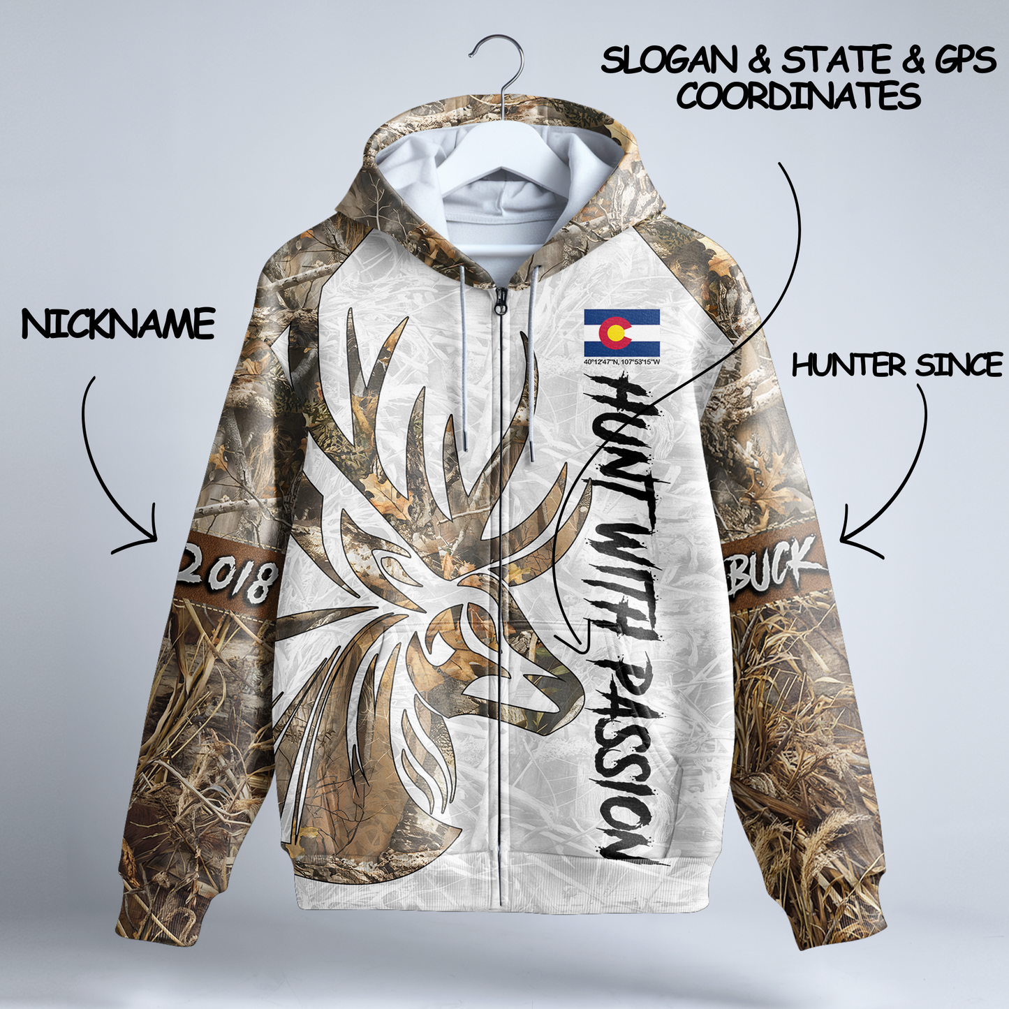 State Pride Buck Hunter Personalized Zip Hoodie