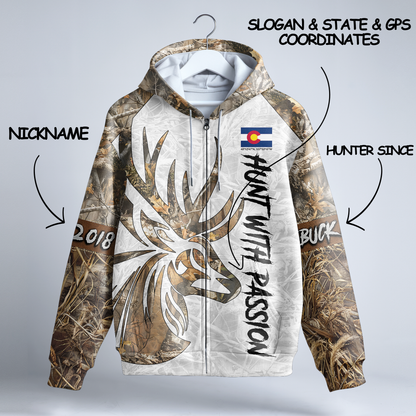State Pride Buck Hunter Personalized Zip Hoodie