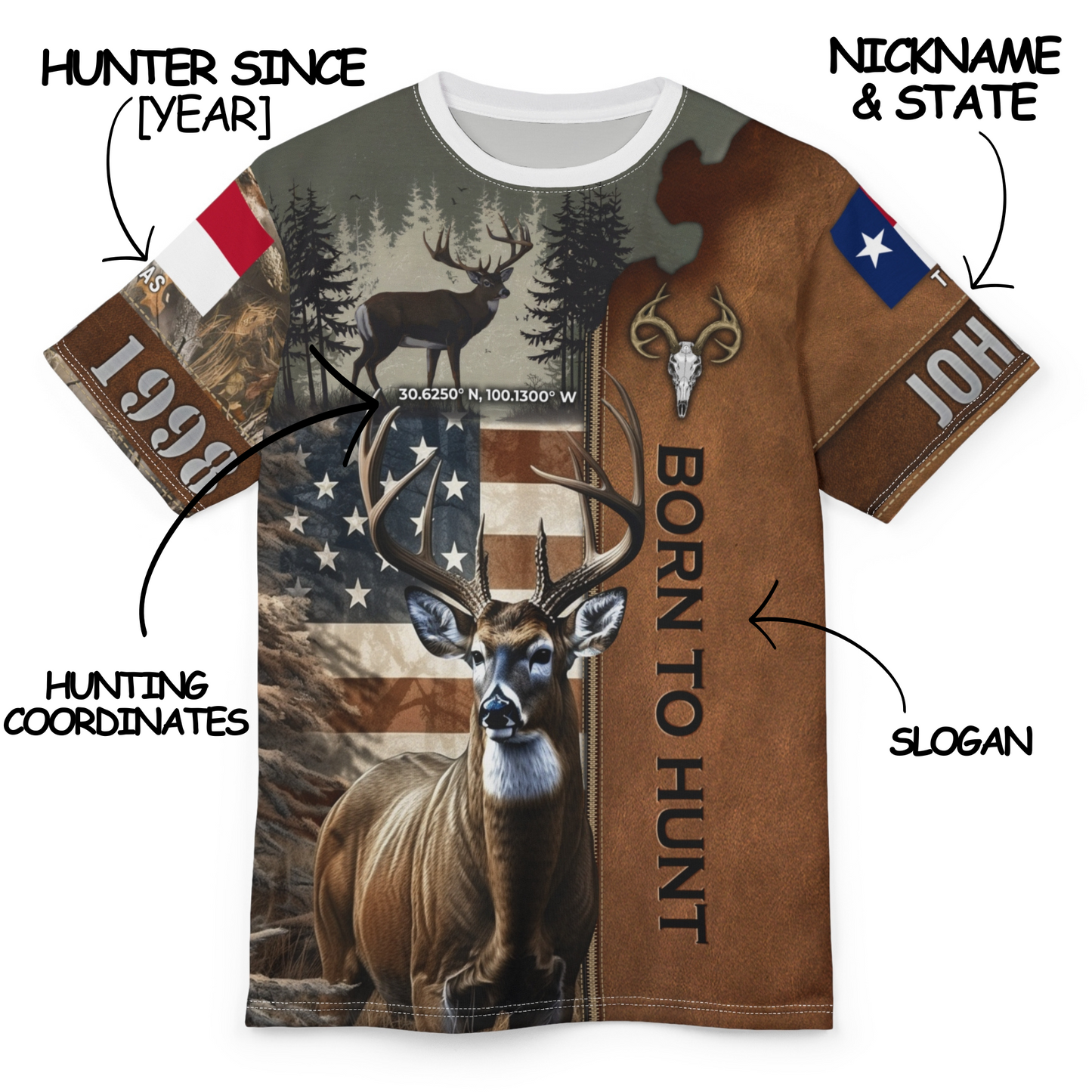 Born To Hunt Buck Flag Personalized Unisex Cut & Sew Tee