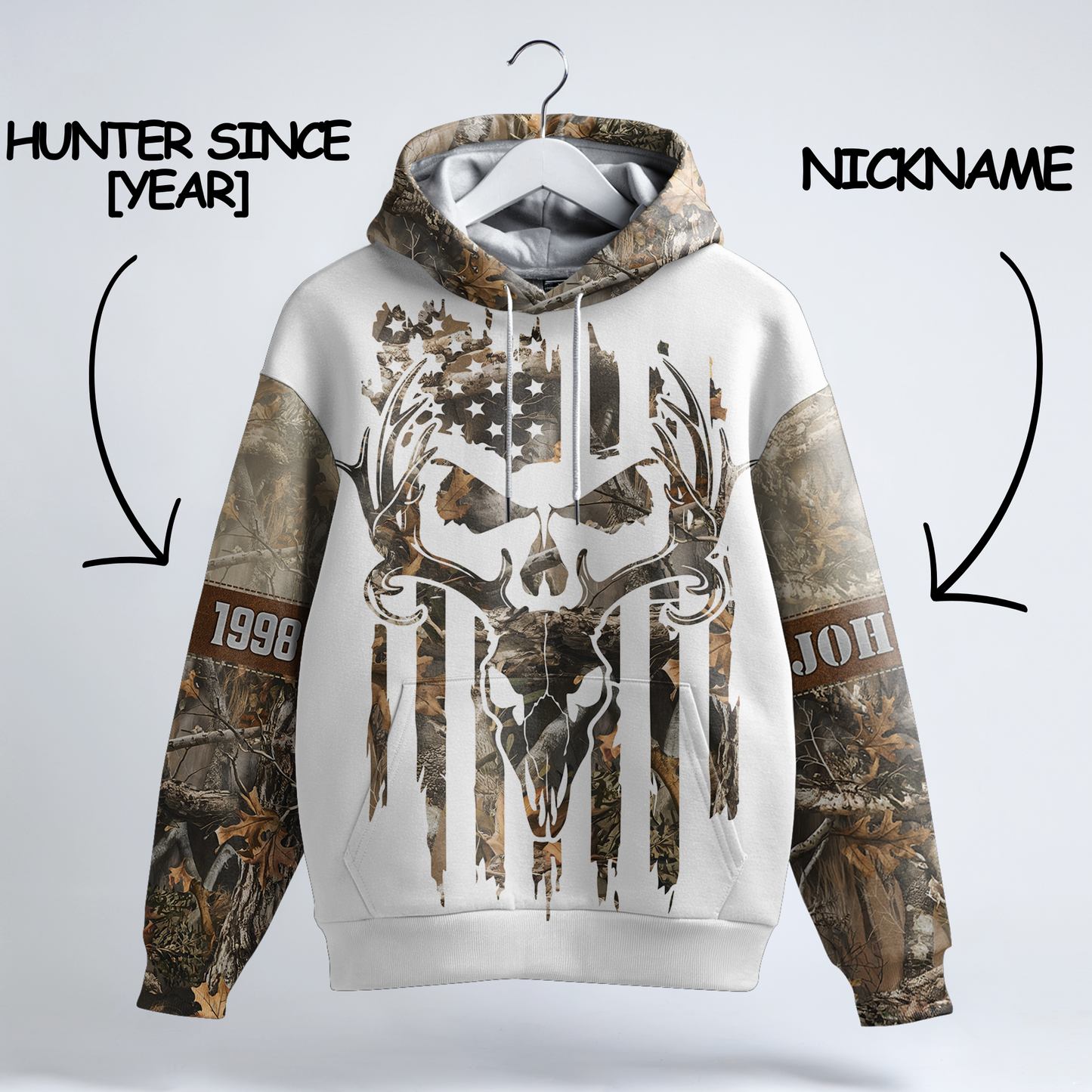 Deer Hunting Hoodie - Skull Camo & US Flag Design