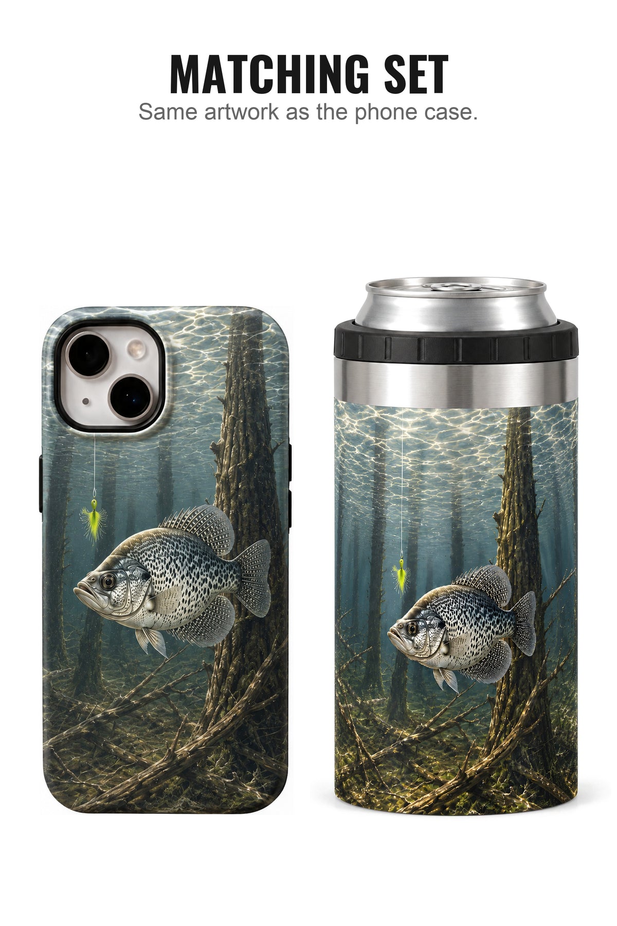 Timberline Slab Crappie can cooler with matching phone case
