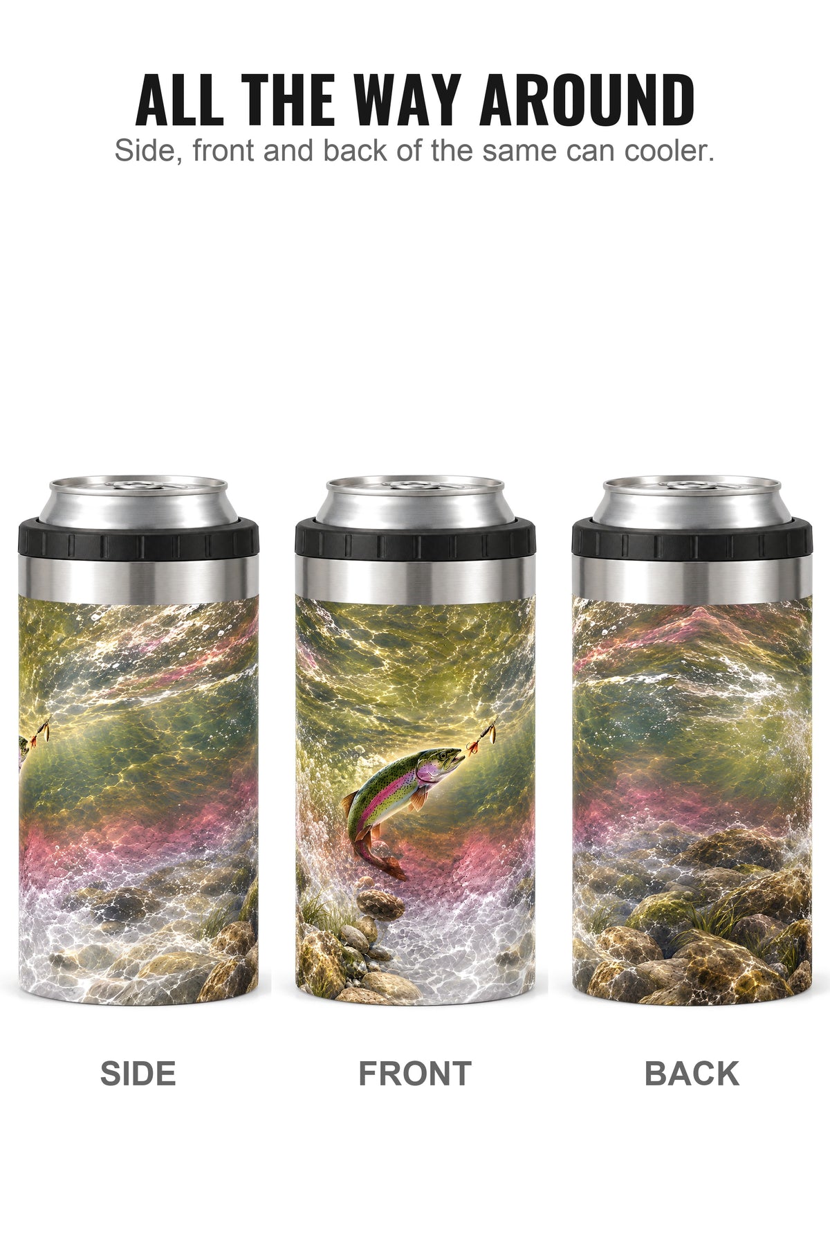 Clearwater Rainbow Trout can cooler - side, front and back