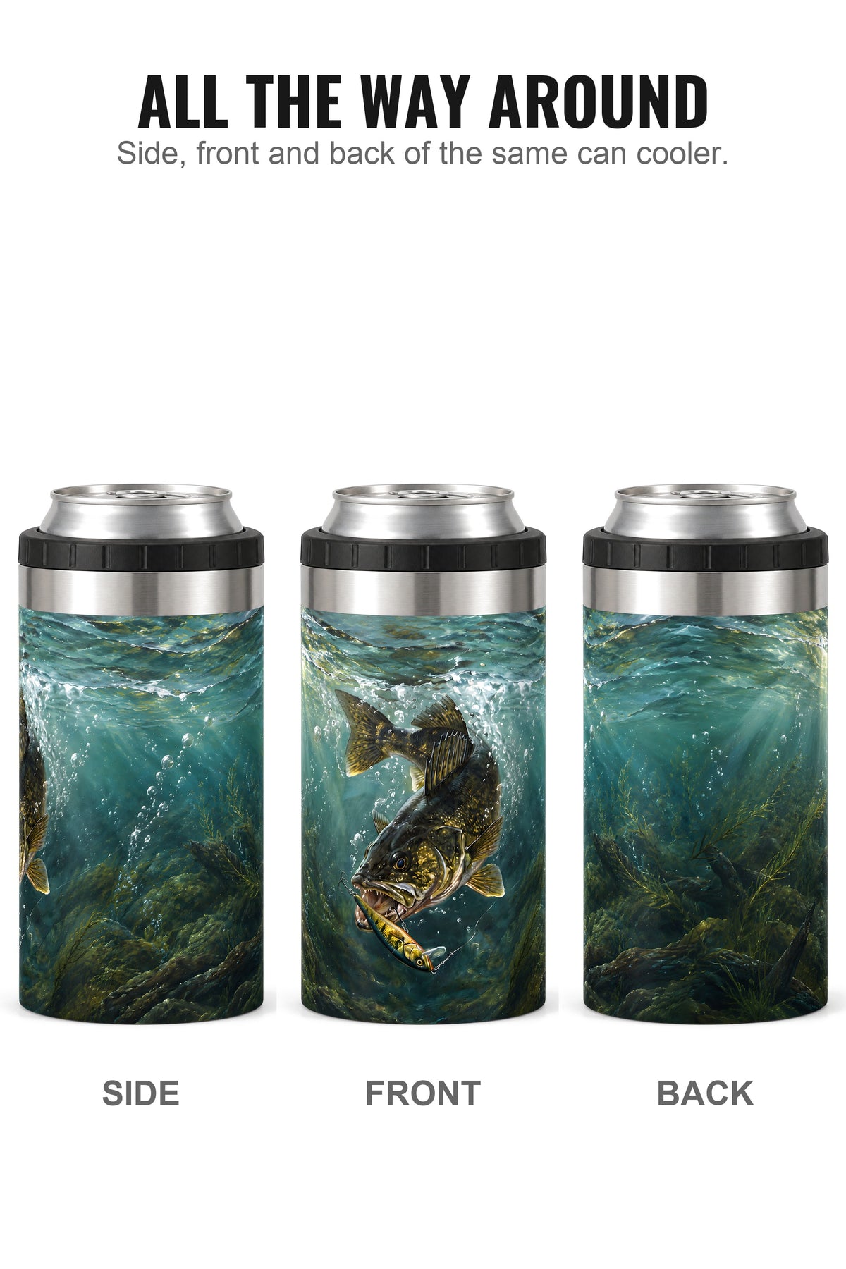 Cold Teal Walleye can cooler - side, front and back
