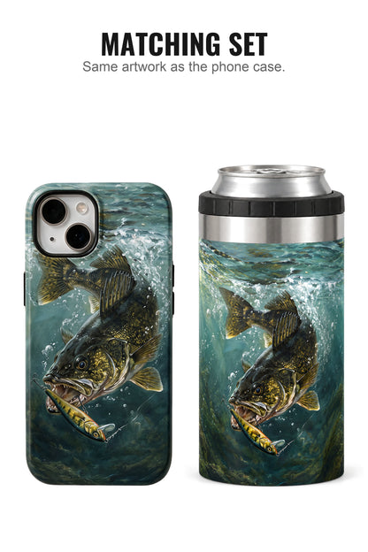 Cold Teal Walleye can cooler with matching phone case