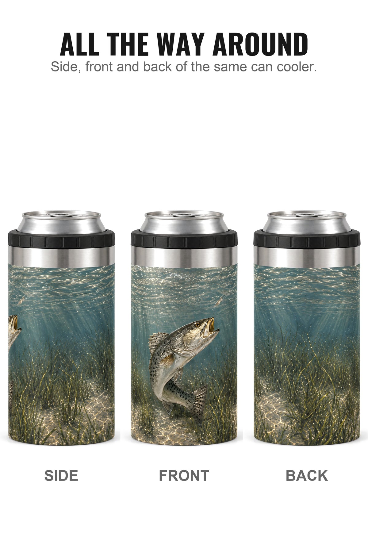 Silverline Speckled Trout can cooler - side, front and back