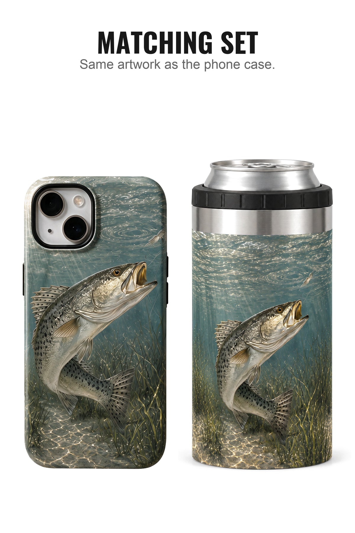 Silverline Speckled Trout can cooler with matching phone case