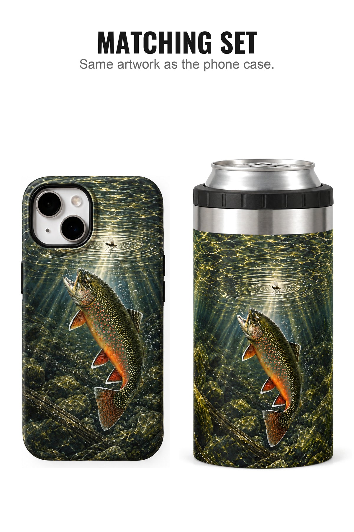 Sunken Brook Trout can cooler with matching phone case