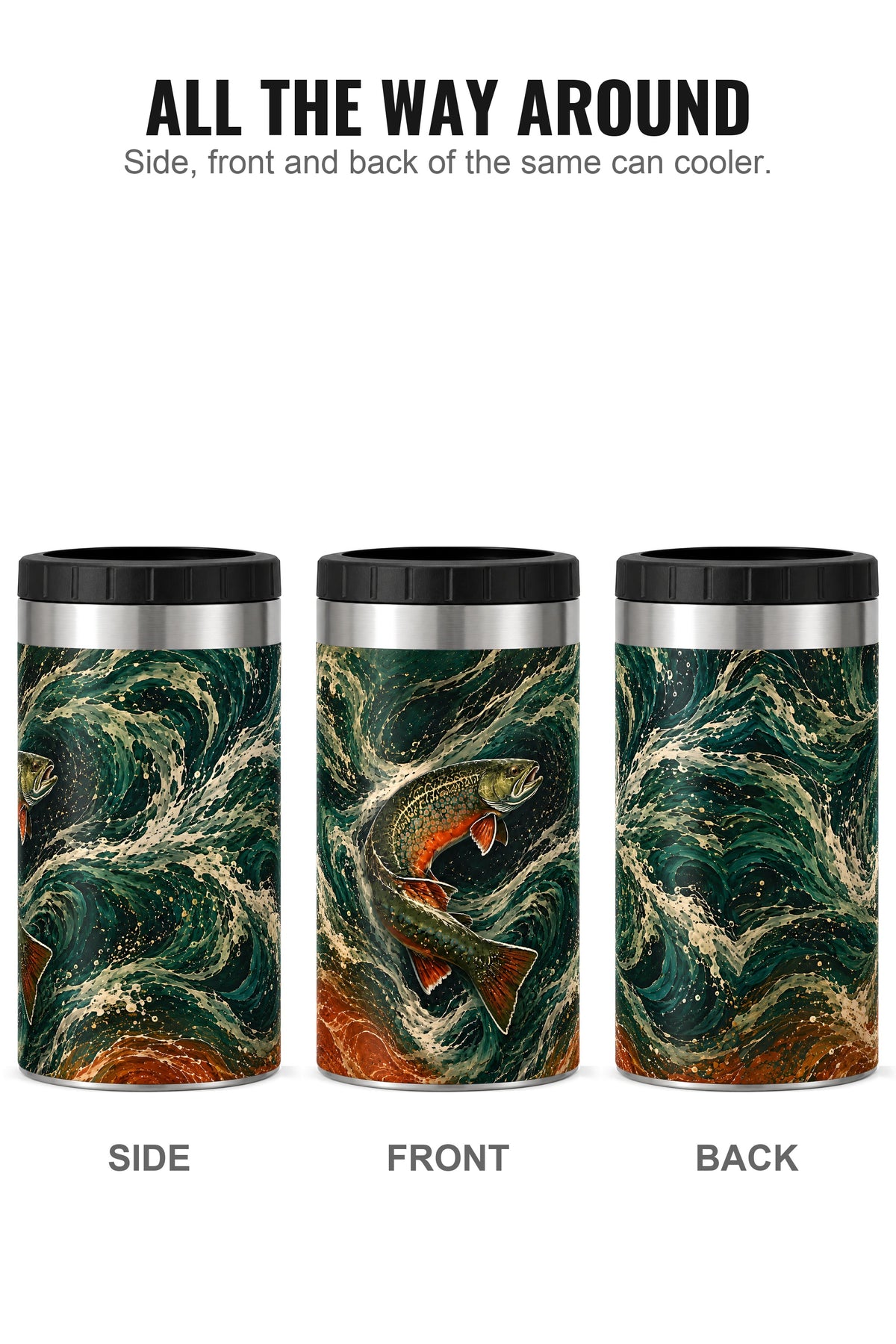 Whirlpool Brook Trout can cooler - side, front and back