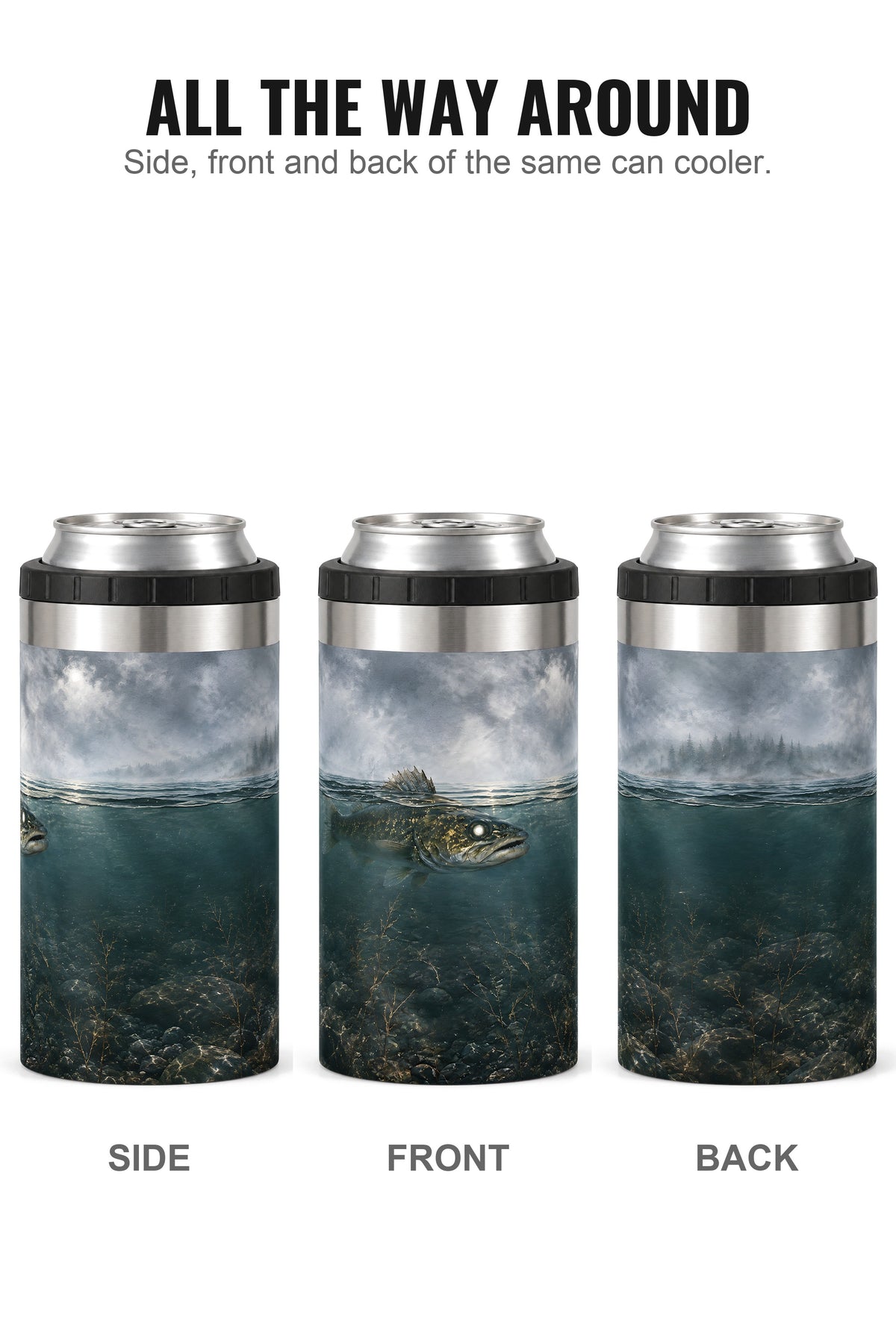 Misty Timber Walleye can cooler - side, front and back