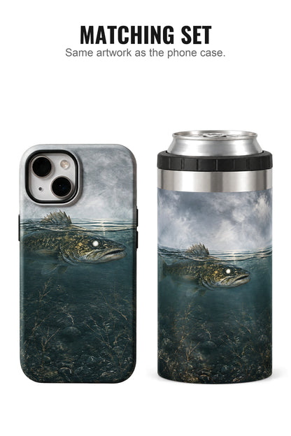 Misty Timber Walleye can cooler with matching phone case