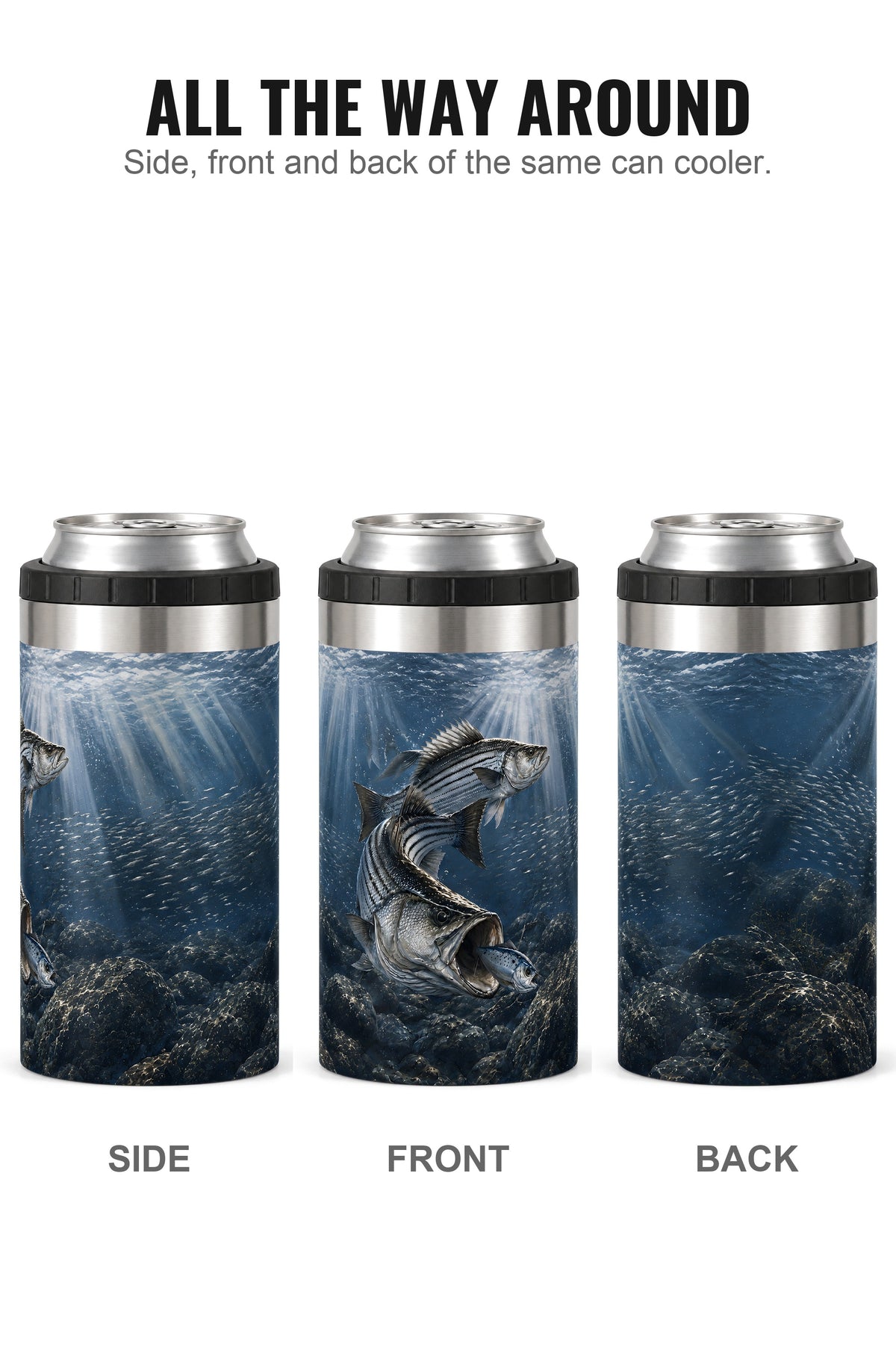 Texoma Frenzy Striper can cooler - side, front and back