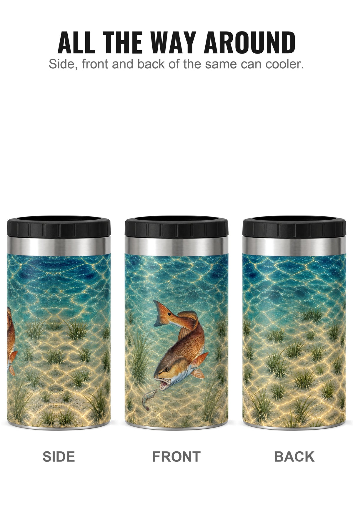 Red Drum Drift can cooler - side, front and back